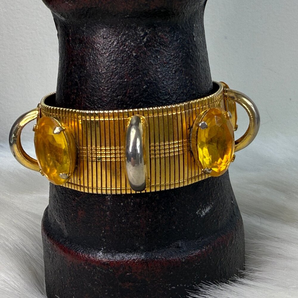 Vintage Yellowish Orange Glass Rhinestones Gold Tone Bracelet 7" Long Cuff